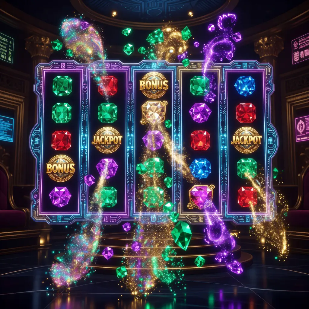A visually stunning casino bonus round captured as an in-game screenshot, showing particle effects and neon lighting across elaborate animated reels