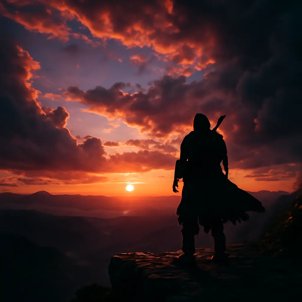 Cinematic in-game screenshot with character in foreground and dramatic sky