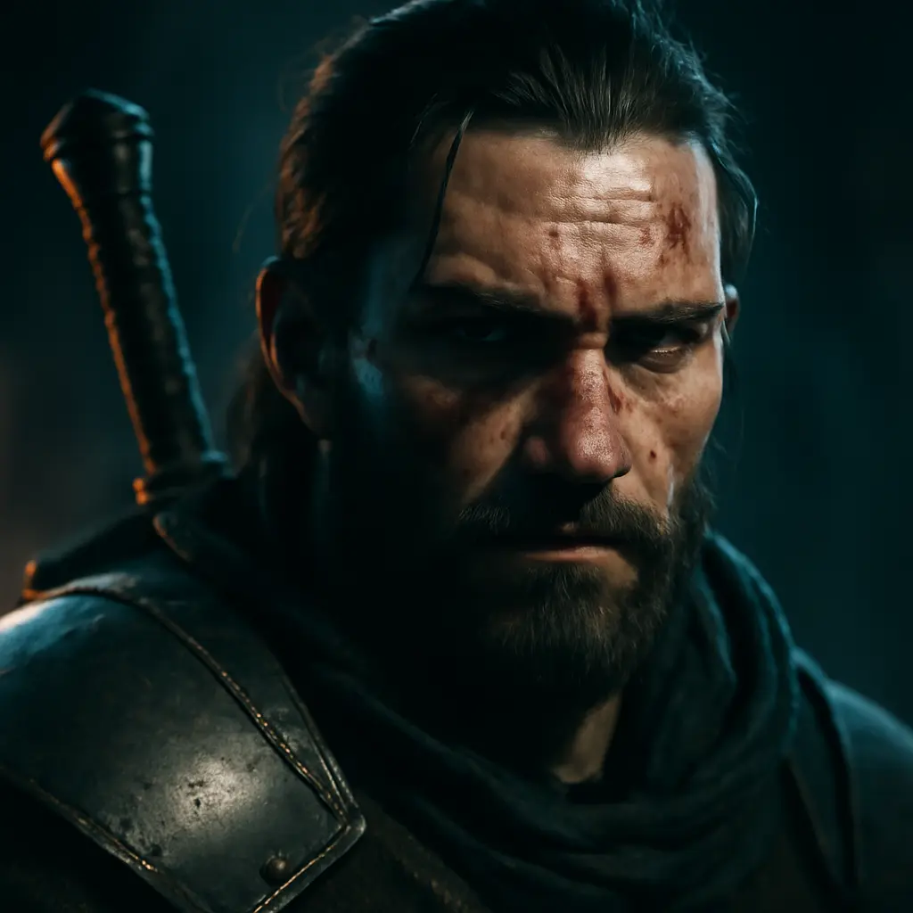 Close-up in-game character portrait lit with rim light and shallow depth of field