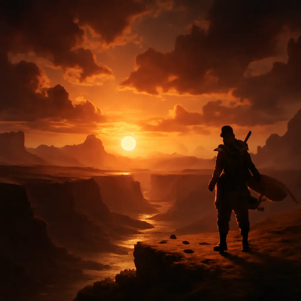 A dramatic in-game landscape with dynamic lighting and a focal character