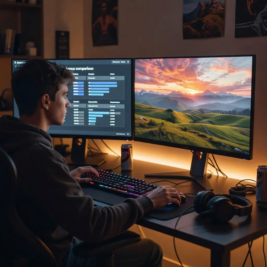 Gamer reviewing casino bonus terms and in-game photography checklist at a dual-monitor setup A gamer at a dual-monitor gaming desk reviewing a casino bonus checklist on one screen and an in-game photo composition guide on the other
