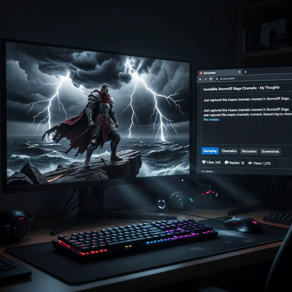 Gaming forum screenshot posting strategy A gamer reviewing a vivid edited in-game screenshot on one monitor while composing a descriptive forum post with tags and an engaging title on a second screen showing a gaming community website