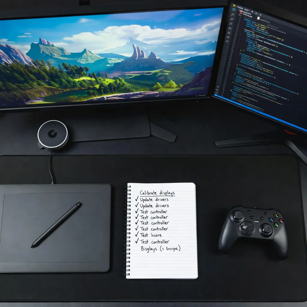 Gaming photography pre-session checklist setup A flat-lay top-down view of a gaming photography desk with dual monitors, color calibration hardware, a graphics tablet, and a handwritten session checklist notepad