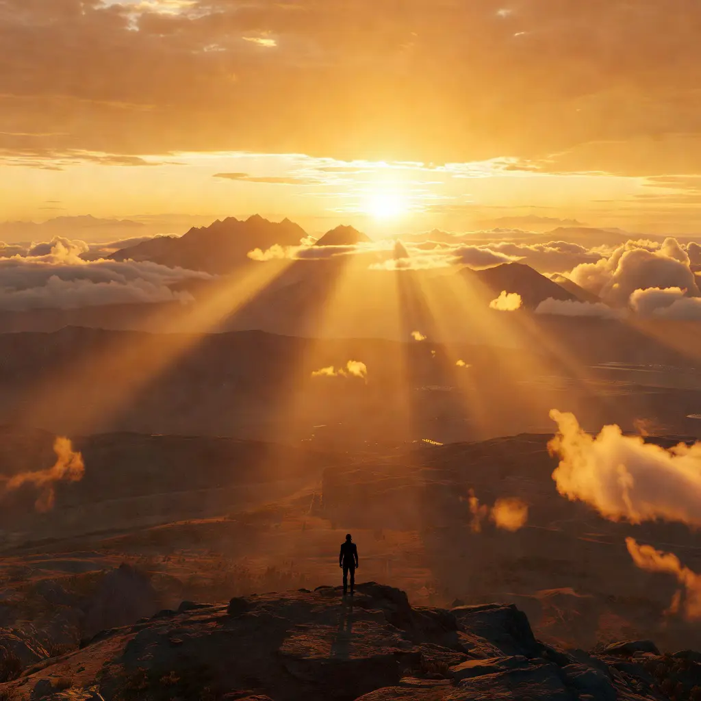 In-game golden hour lighting photography A cinematic in-game screenshot showing a lone warrior character silhouetted against a vivid golden sunset over a sweeping mountain landscape with volumetric god rays