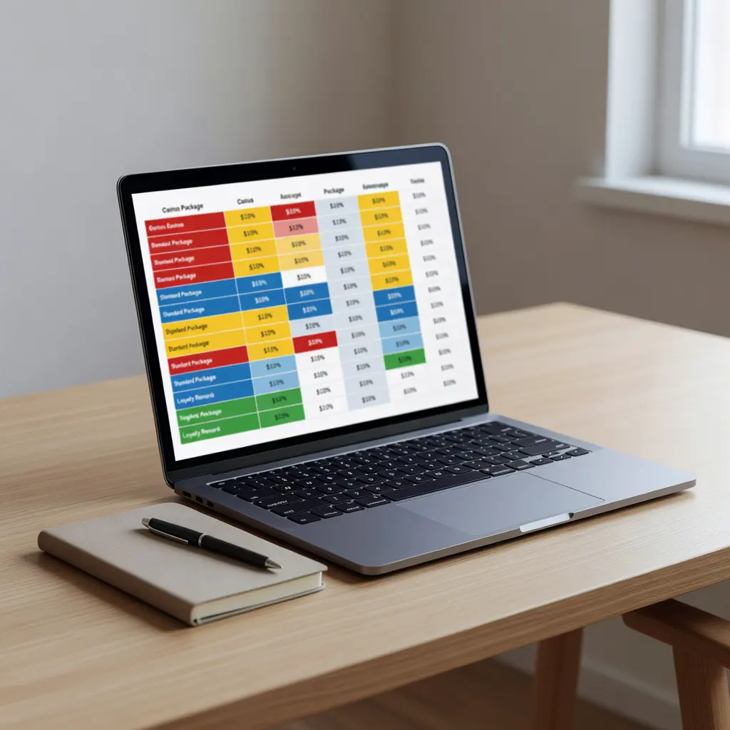 Laptop displaying a detailed casino welcome bonus comparison table with color-coded rows A laptop on a clean desk displaying a structured comparison table of casino welcome bonuses with highlighted wagering requirements and effective value ratings