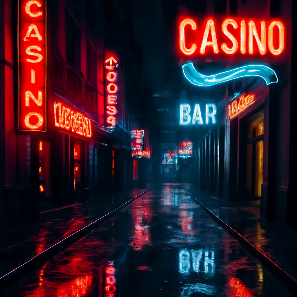 Neon-lit casino alley in a game, reflective puddles and strong contrast
