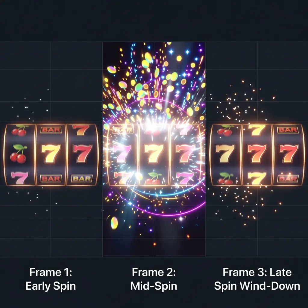 A sequence of casino slot game animation frames showing the ideal visual moment for capturing peak in-game photography impact