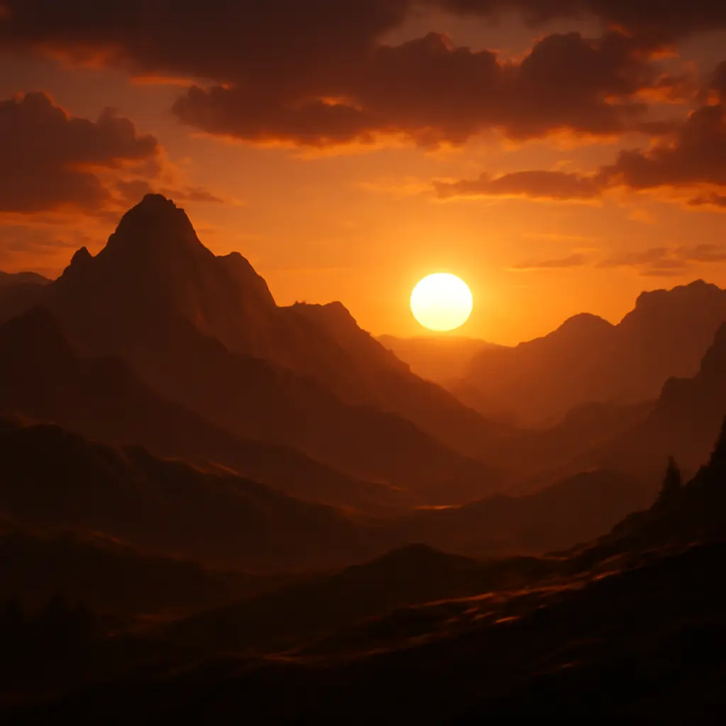 Sunset in-game screenshot In-game sunset over mountains with warm light and long shadows