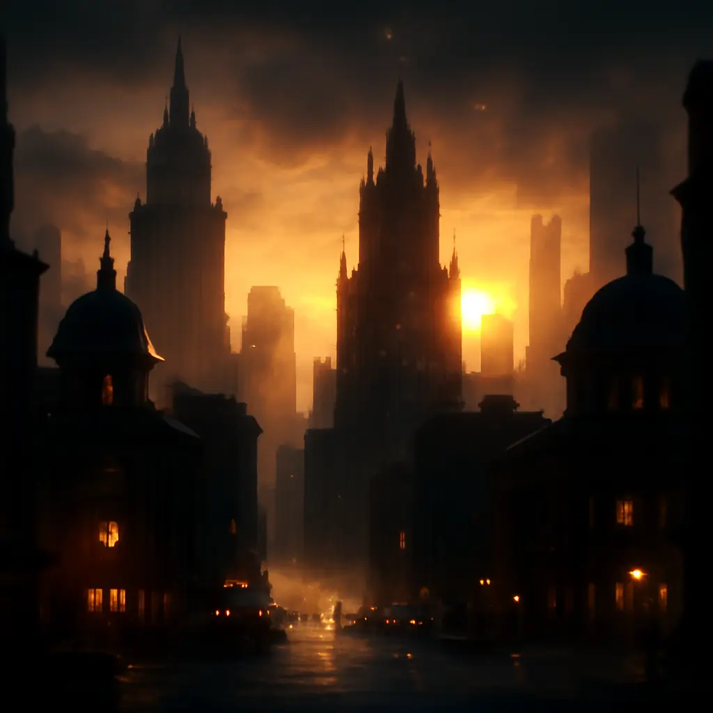 Cinematic in-game screenshot of a cityscape at dusk with dramatic lighting